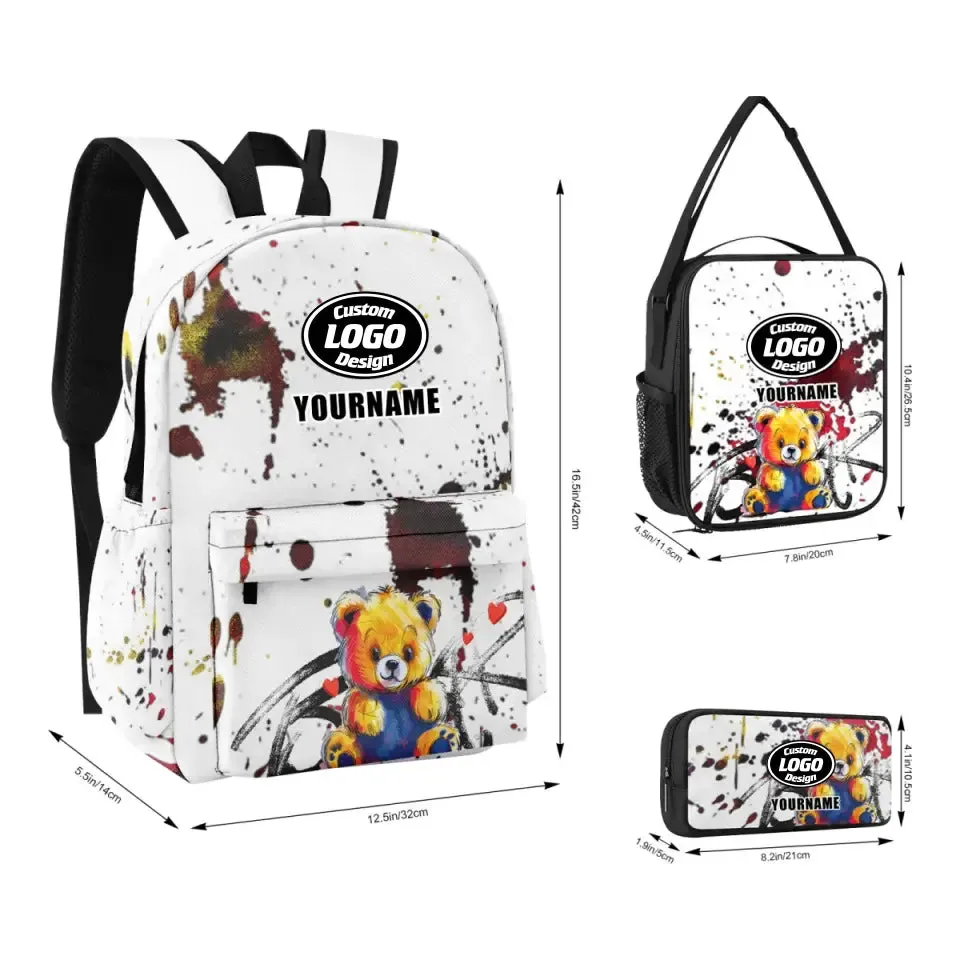 Holiday Gifts,Personalized Teddy Bear Combo Offer, Custom Teddy Bear set 3 packs Schoolbag, Lunch Box Pencil Case, Gift for Back to School
