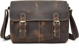 JSEIAJB Crazy Horse Leather Shoulder Bag Vintage Crossbody Bag Clamshell Briefcase
