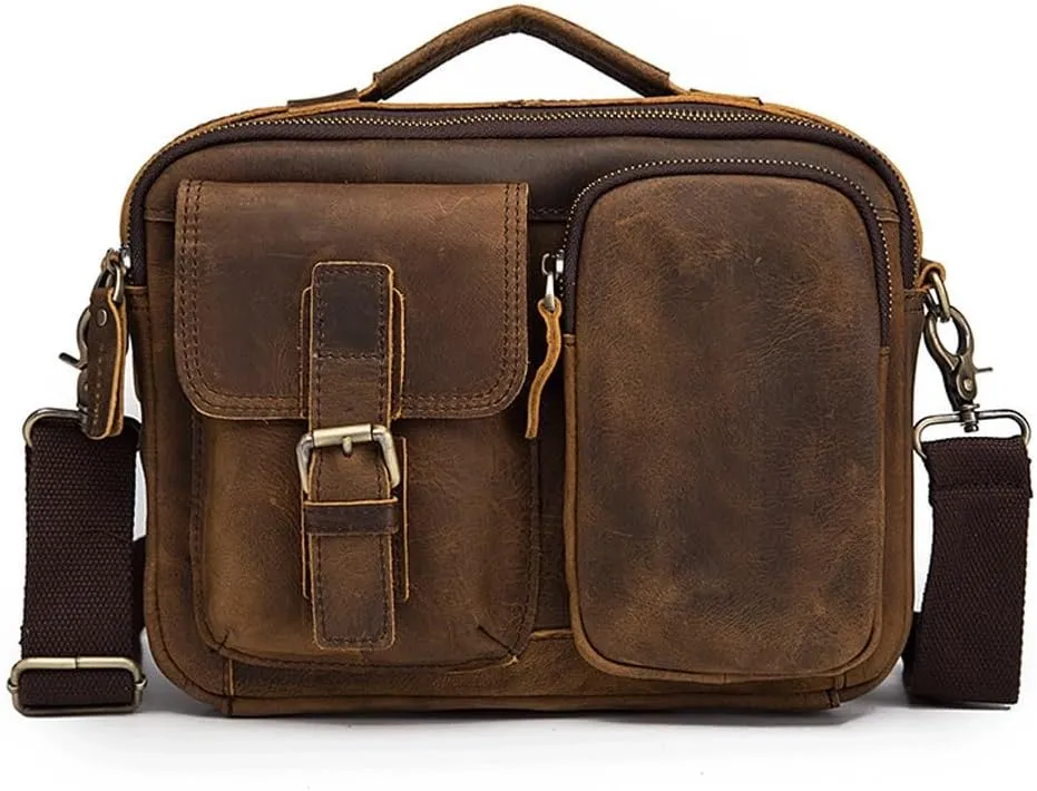 JSEIAJB Large Capacity First Layer Mad Horse Leather Cowhide Men's Single Shoulder Straddle Bag