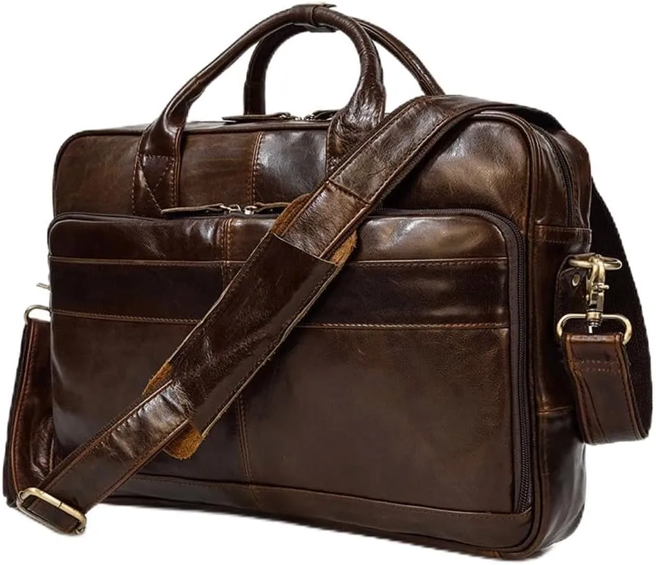 JSEIAJB Men's Leather Briefcase Retro Business Tote Cowhide Shoulder Crossbody Bag Computer Bag Commuter Bag