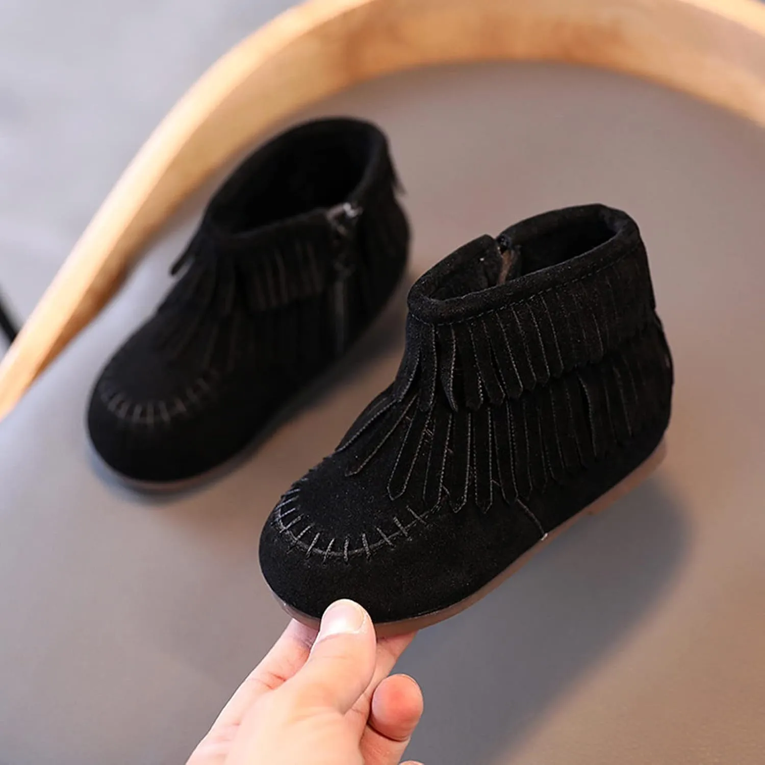 Kids Girls Tassel Bootie Fringe Ankle Boots Retro Tassel Suede Comfy Buckle Round Head Flat Zipper Short Boots