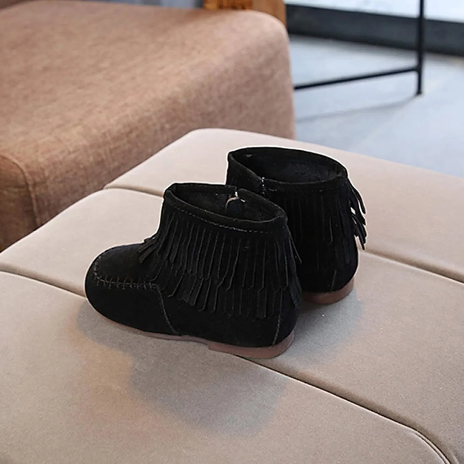 Kids Girls Tassel Bootie Fringe Ankle Boots Retro Tassel Suede Comfy Buckle Round Head Flat Zipper Short Boots