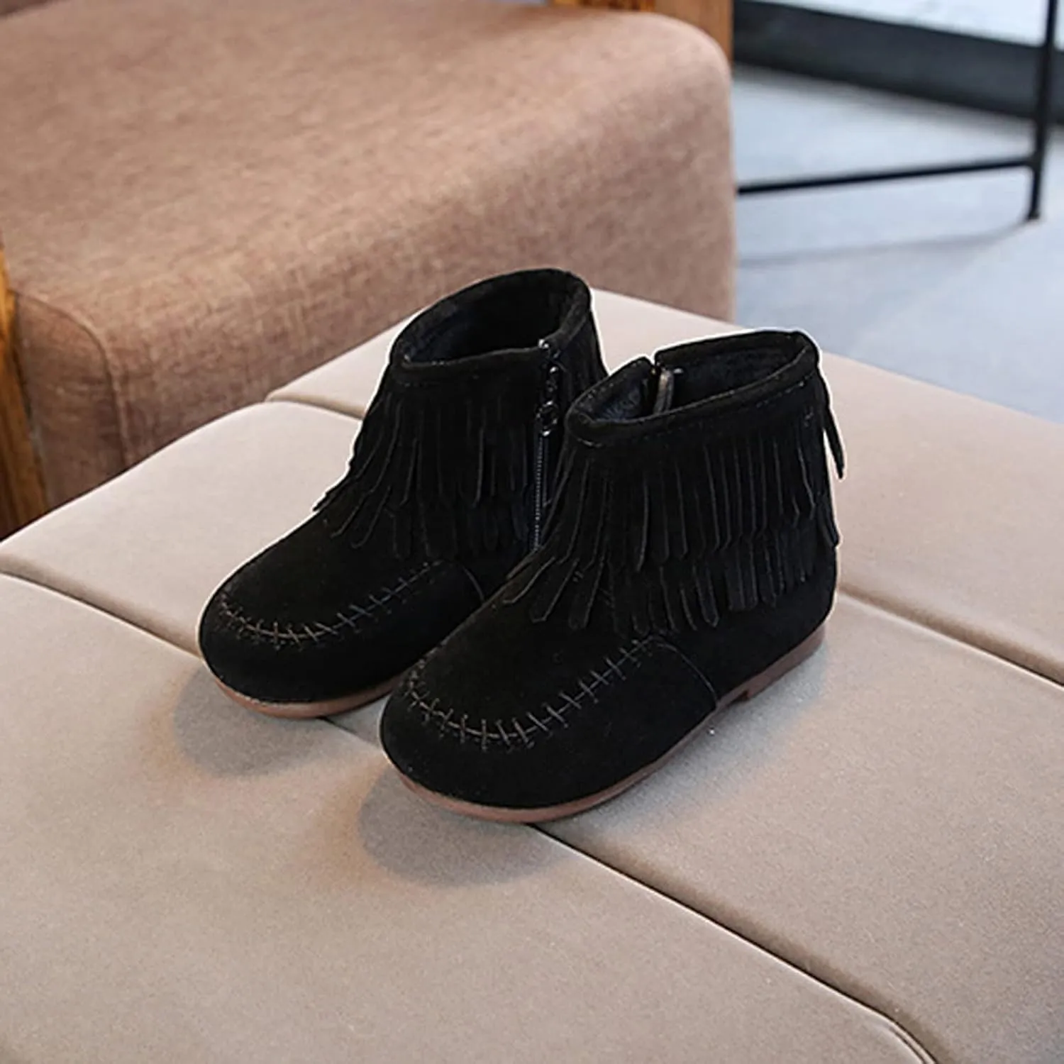 Kids Girls Tassel Bootie Fringe Ankle Boots Retro Tassel Suede Comfy Buckle Round Head Flat Zipper Short Boots
