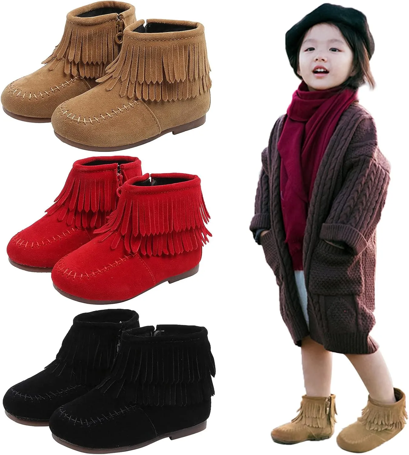 Kids Girls Tassel Bootie Fringe Ankle Boots Retro Tassel Suede Comfy Buckle Round Head Flat Zipper Short Boots