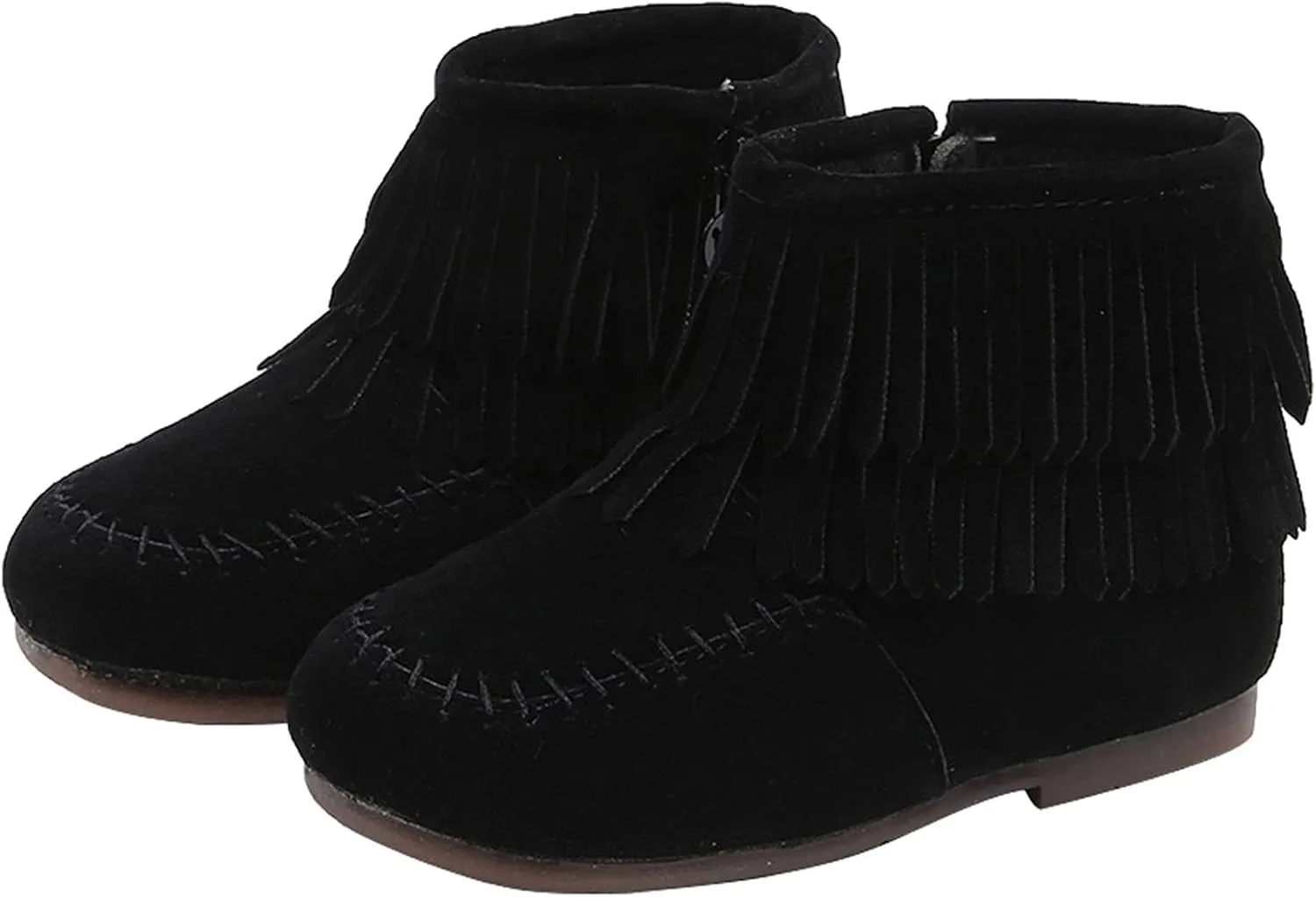 Kids Girls Tassel Bootie Fringe Ankle Boots Retro Tassel Suede Comfy Buckle Round Head Flat Zipper Short Boots