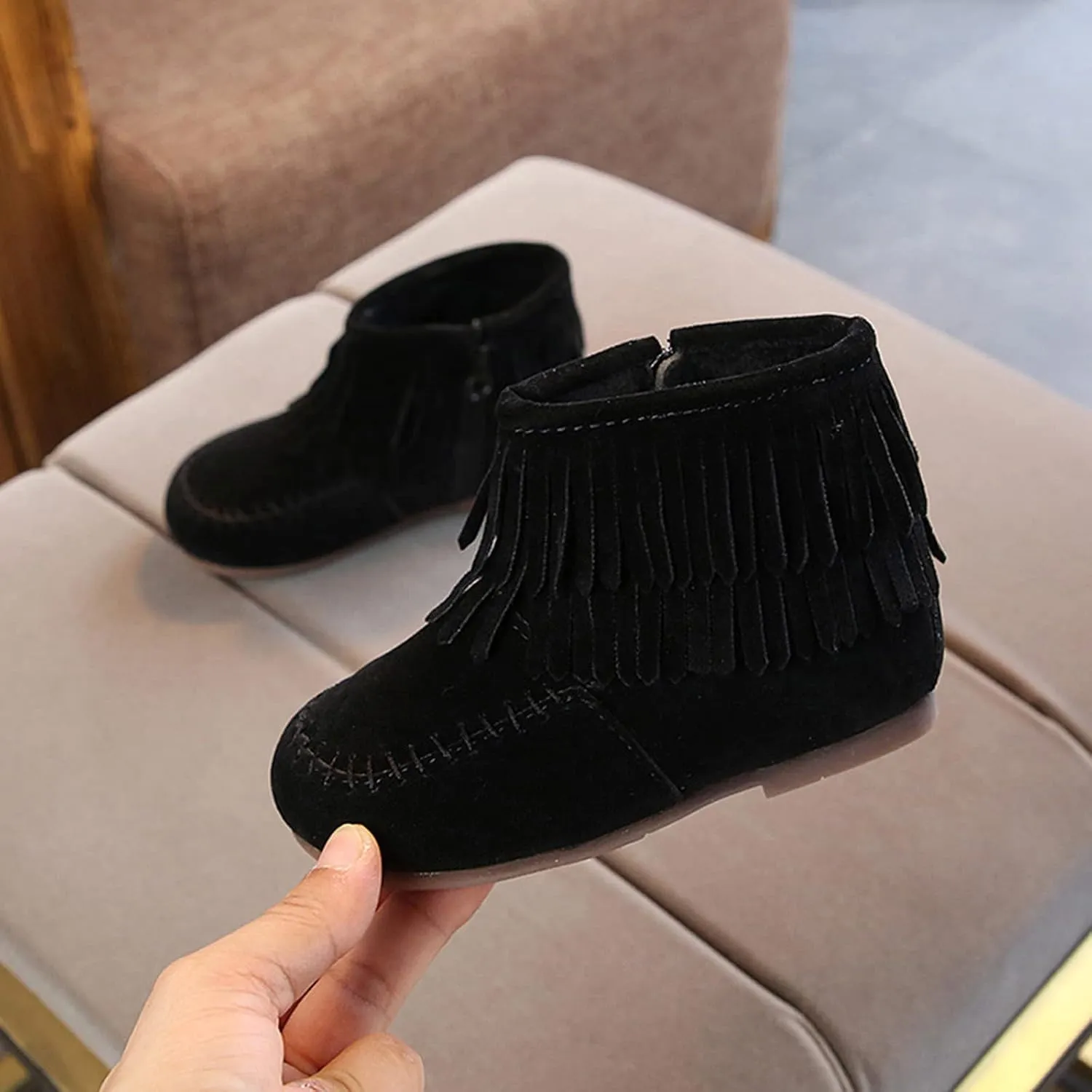 Kids Girls Tassel Bootie Fringe Ankle Boots Retro Tassel Suede Comfy Buckle Round Head Flat Zipper Short Boots