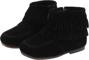 Kids Girls Tassel Bootie Fringe Ankle Boots Retro Tassel Suede Comfy Buckle Round Head Flat Zipper Short Boots