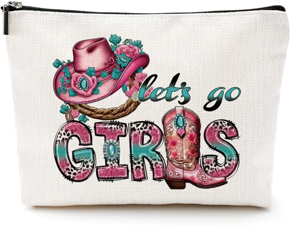 Lets Go Girls Cowgirl Gifts Western Gifts for Women Boho Stuff Cowgirl Makeup Bag Pink Gifts Country Girl Gifts Cowboy Hat Gifts Western Cosmetic Bag Birthday Christmas Friend Gifts