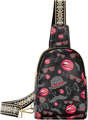 Lips Dot Fanny Pack Crossbody PC Leather Small Sling Bag for Women Vintage Glasses Hat Fashion Waist Packs Chest Bag for Travel Sports Running Hiking