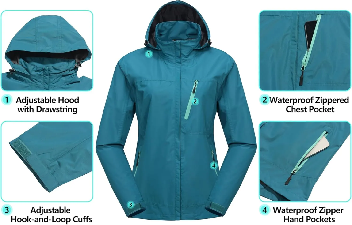 Little Donkey Andy Women's Waterproof Rain Jacket with Hood Breathable Lightweight Windbreaker Rain Shell Coat