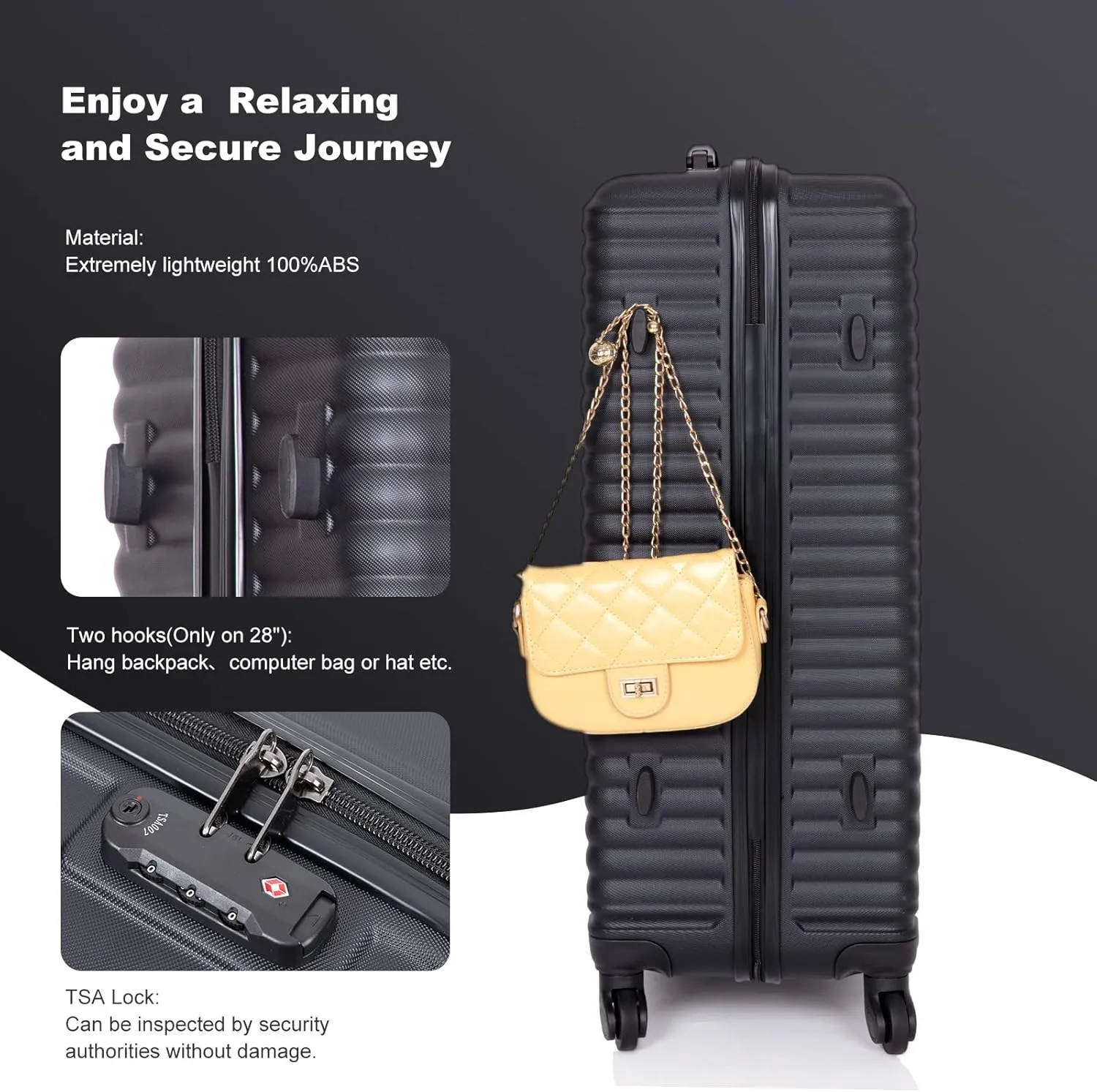 Luggage Sets 3 Piece Suitcase Set ABS Lightweight Carry On Luggage with Spinner Wheels, Hardside Suitcases Durable Luggage Hardside with Two Hooks & TSA Lock (20/24/28) Black