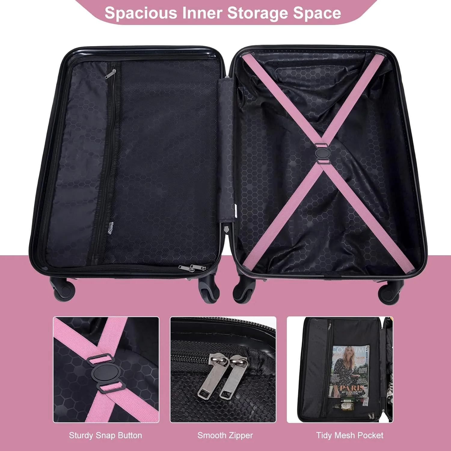 Luggage Sets 3 Piece Suitcase Set ABS Lightweight Carry On Luggage with Spinner Wheels, Hardside Suitcases Durable Luggage Hardside with Two Hooks & TSA Lock (20/24/28) Pink