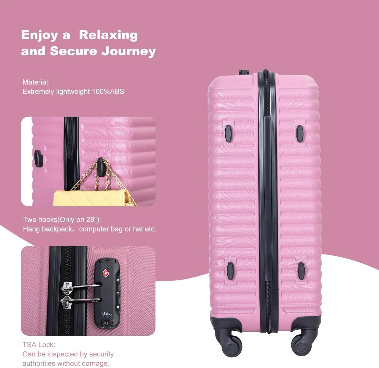Luggage Sets 3 Piece Suitcase Set ABS Lightweight Carry On Luggage with Spinner Wheels, Hardside Suitcases Durable Luggage Hardside with Two Hooks & TSA Lock (20/24/28) Pink