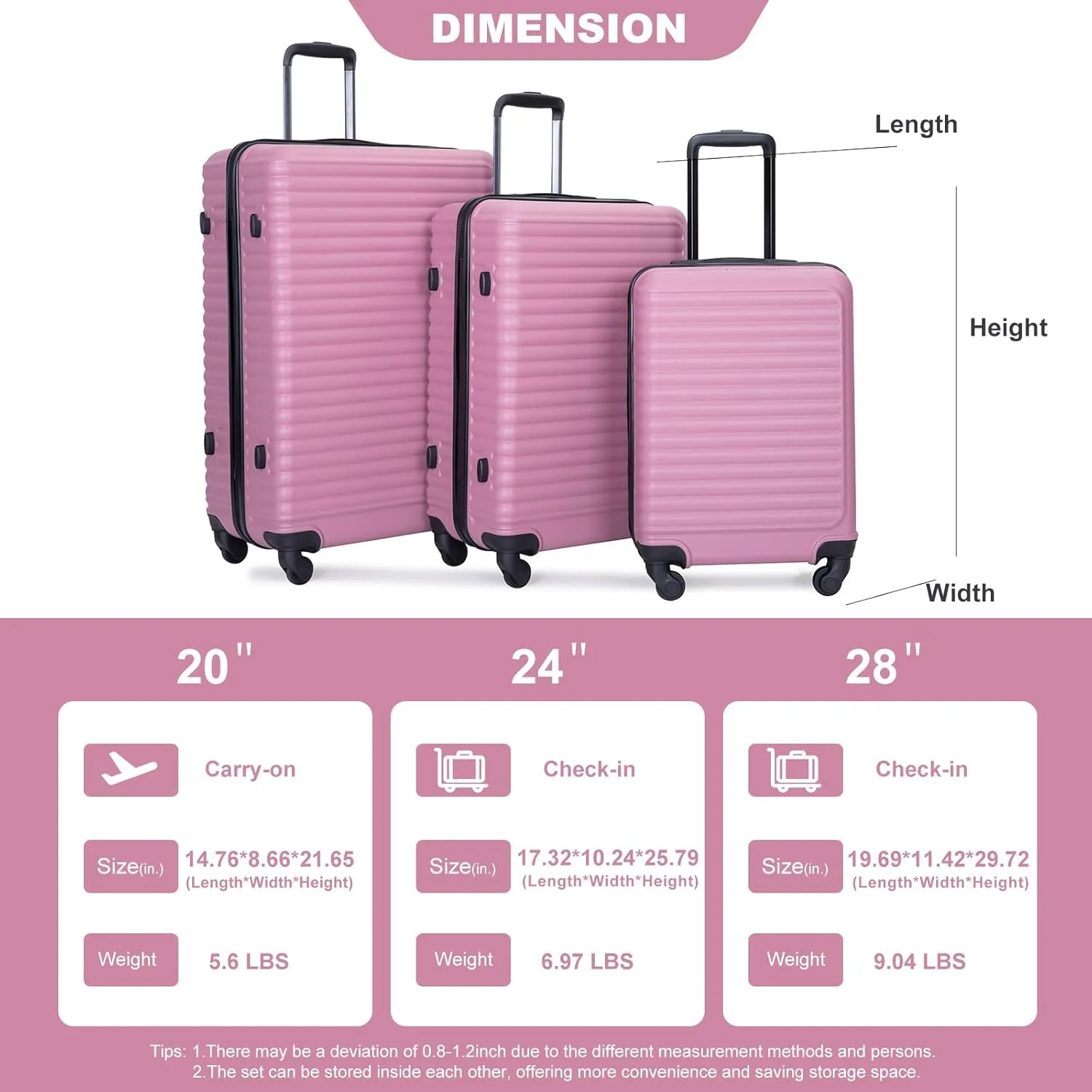 Luggage Sets 3 Piece Suitcase Set ABS Lightweight Carry On Luggage with Spinner Wheels, Hardside Suitcases Durable Luggage Hardside with Two Hooks & TSA Lock (20/24/28) Pink