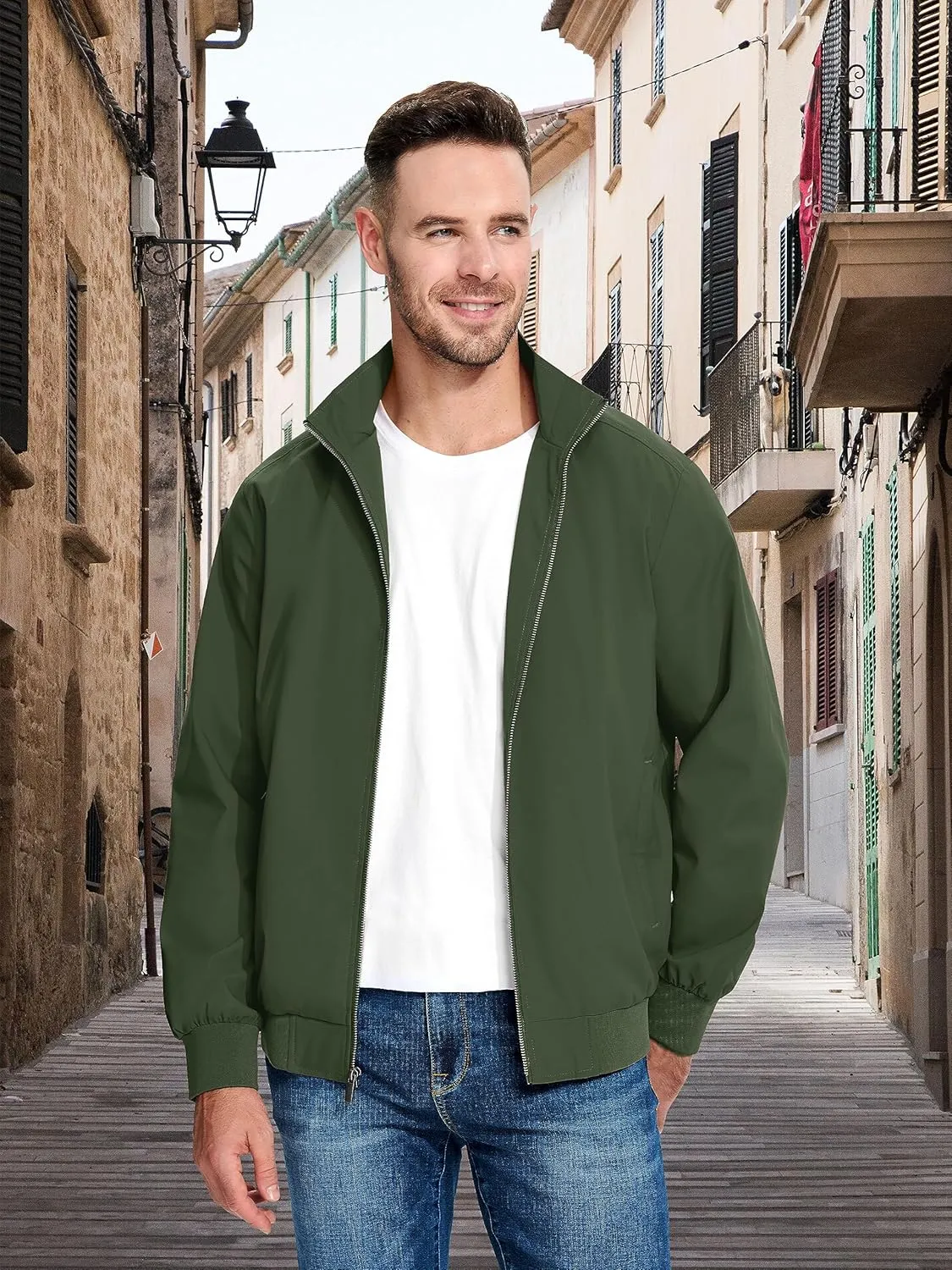 MAGCOMSEN Men's Lightweight Bomber Jacket Windproof Water Resistant Zip Up Coat Stand Up Collar Windbreaker with 3 Pockets
