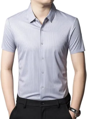 Mens Casual Shirts Short Sleeve Striped Summer Shirt Wrinkle Resistant No Iron Lapel Top Comfortable Lightweight Breathable