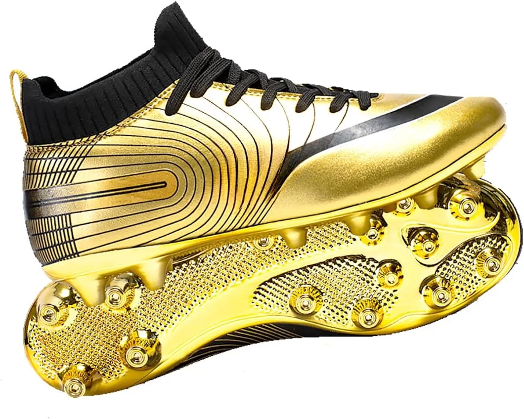 Men's Soccer Cleats High-Top Unisex Football Boots with Golden Soled Spikes for Outdoor and Indoor Training and Athletic Performance