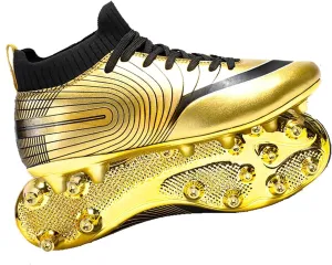 Men's Soccer Cleats High-Top Unisex Football Boots with Golden Soled Spikes for Outdoor and Indoor Training and Athletic Performance