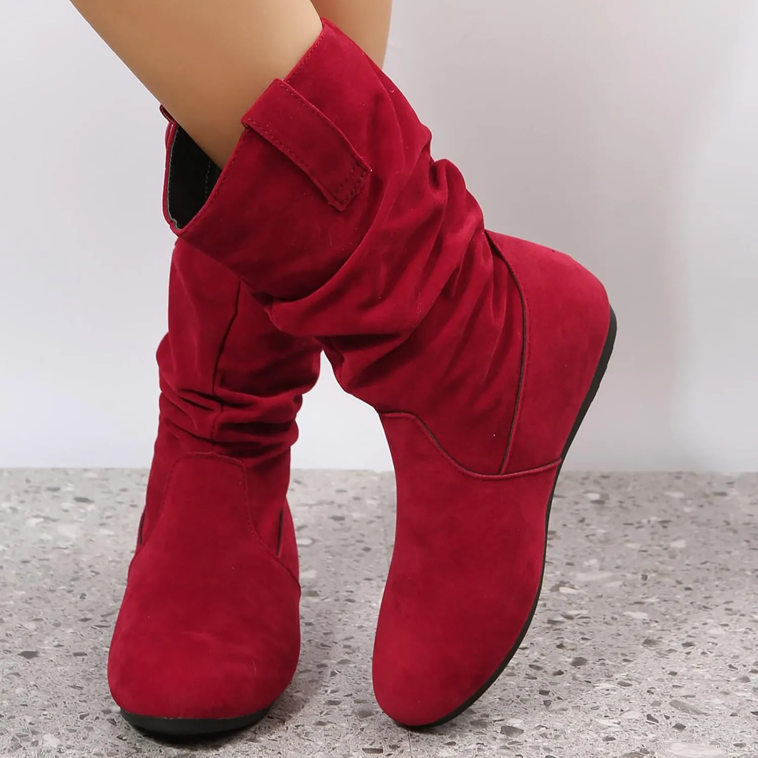 Mid Calf Boots for Women Fall Boots Ladies Fashion Solid Colour Round Toe Suede Flat Bottom Sleeve Mid Calf Boots