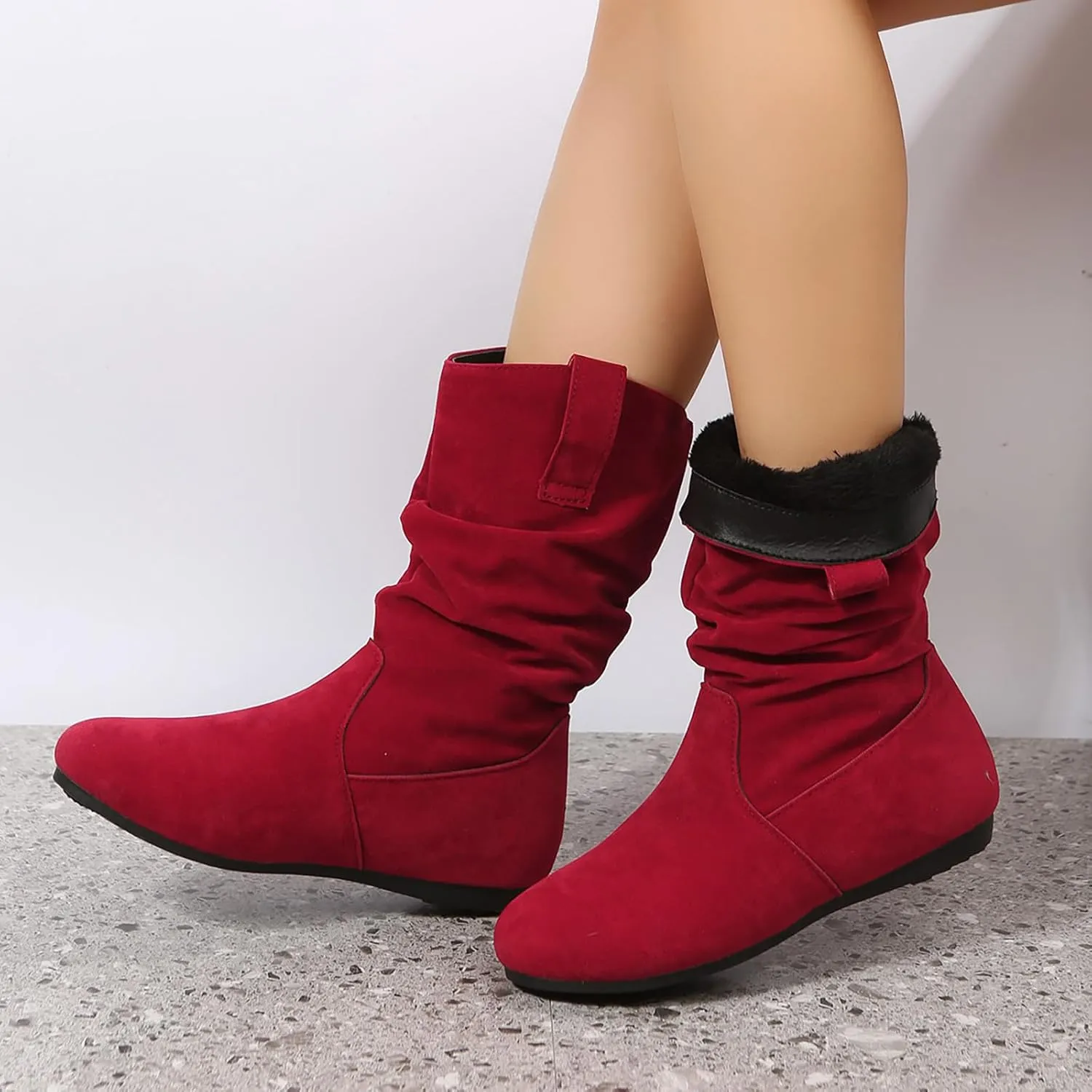 Mid Calf Boots for Women Fall Boots Ladies Fashion Solid Colour Round Toe Suede Flat Bottom Sleeve Mid Calf Boots