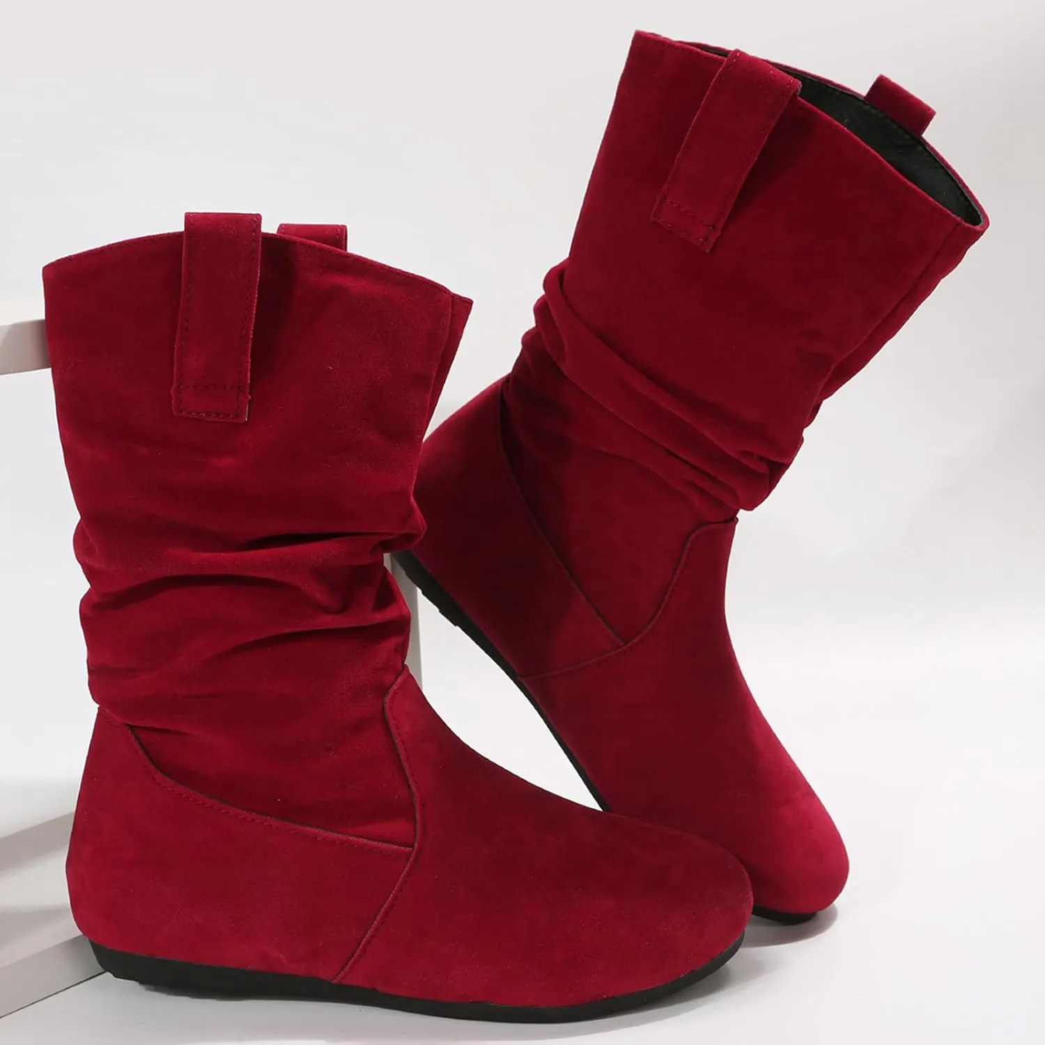 Mid Calf Boots for Women Fall Boots Ladies Fashion Solid Colour Round Toe Suede Flat Bottom Sleeve Mid Calf Boots