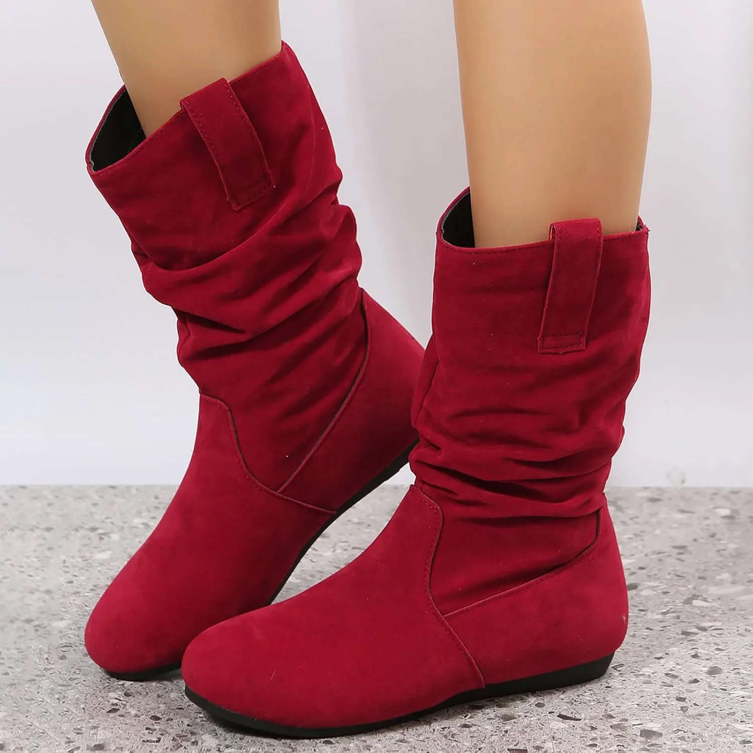 Mid Calf Boots for Women Fall Boots Ladies Fashion Solid Colour Round Toe Suede Flat Bottom Sleeve Mid Calf Boots