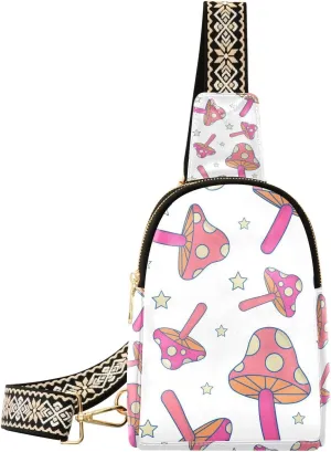 Mushroom Small Sling Bag for Women,Leather Fanny Pack,Crossbody Waist Bag With Adjustable Guitar Strap