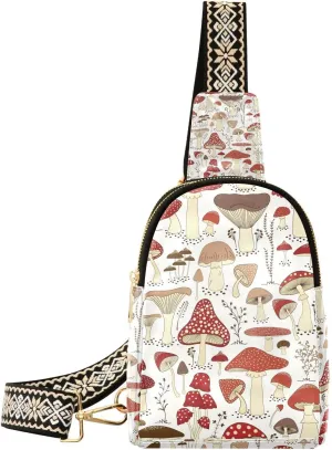 Mushroom Small Sling Bag for Women,Leather Fanny Pack,Crossbody Waist Bag With Adjustable Guitar Strap