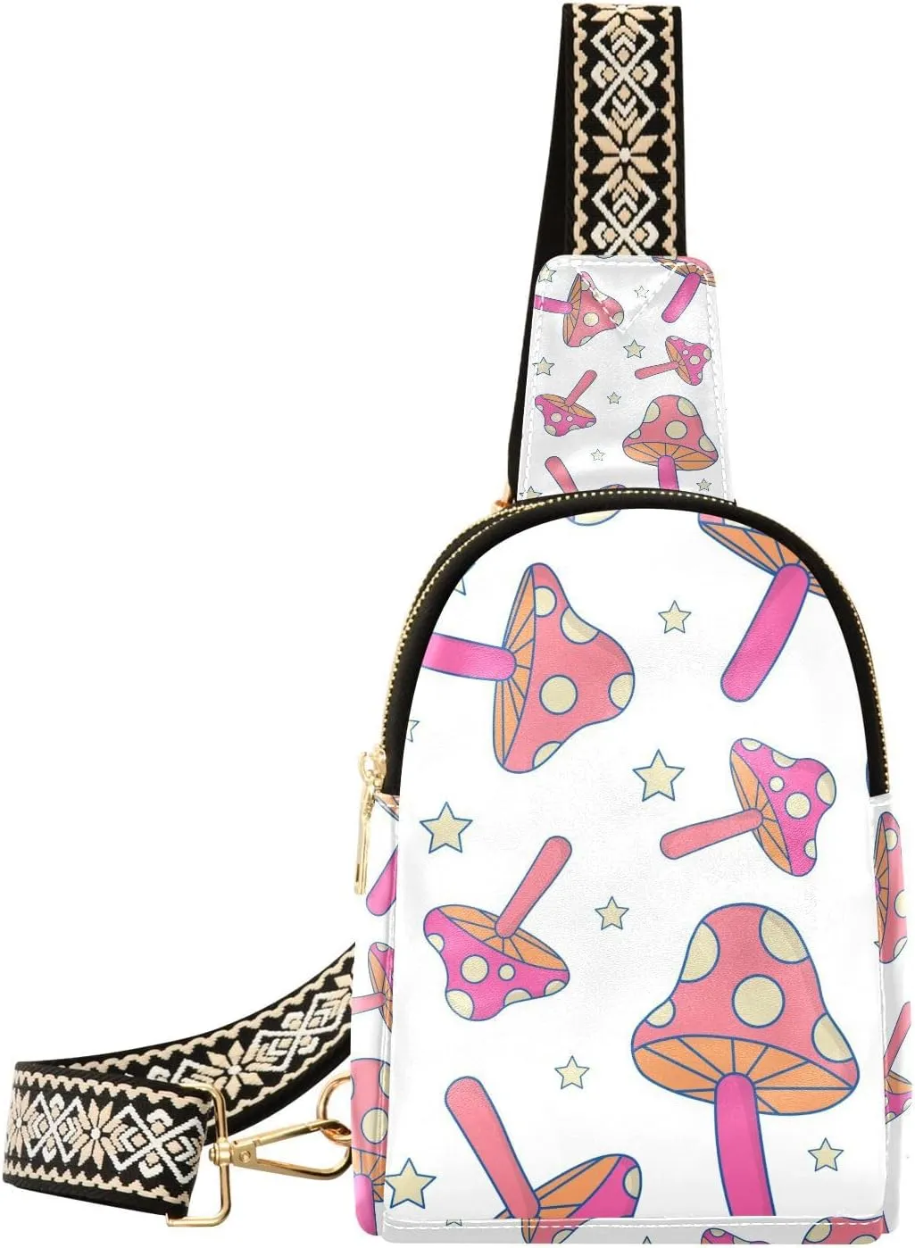 Mushroom Small Sling Bag for Women,Leather Fanny Pack,Crossbody Waist Bag With Adjustable Guitar Strap