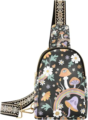 Mushroom Small Sling Bag for Women,Leather Fanny Pack,Crossbody Waist Bag With Adjustable Guitar Strap