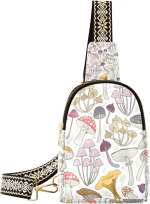 Mushroom Small Sling Bag for Women,Leather Fanny Pack,Crossbody Waist Bag With Adjustable Guitar Strap
