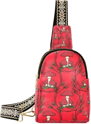 Mushroom Small Sling Bag for Women,Leather Fanny Pack,Crossbody Waist Bag With Adjustable Guitar Strap