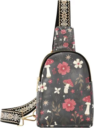 Mushroom Small Sling Bag for Women,Leather Fanny Pack,Crossbody Waist Bag With Adjustable Guitar Strap