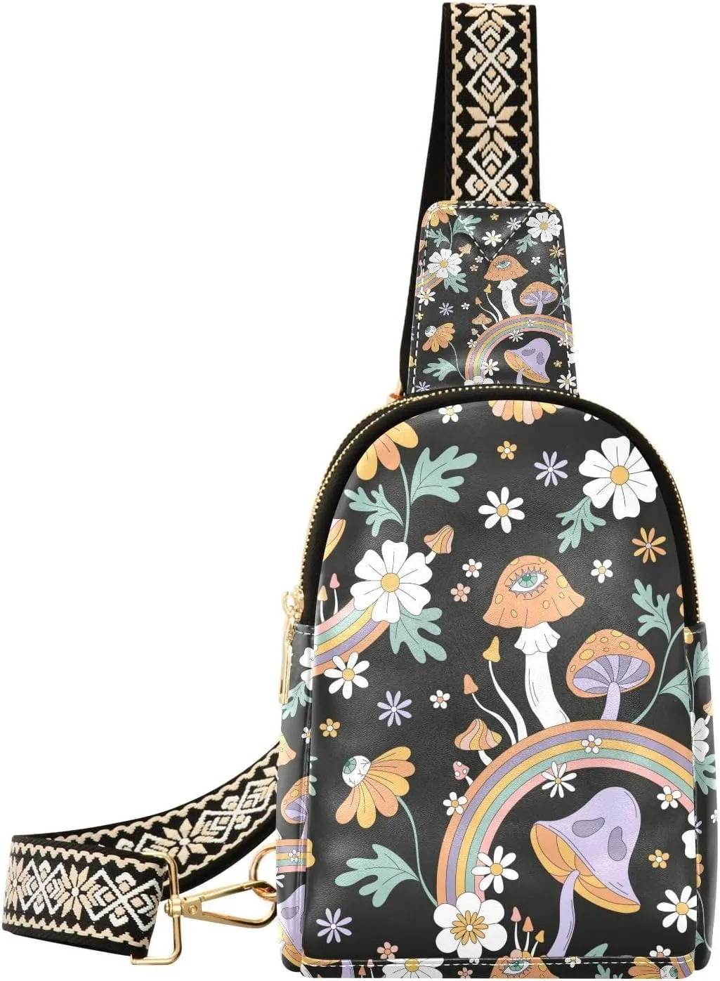 Mushroom Small Sling Bag for Women,Leather Fanny Pack,Crossbody Waist Bag With Adjustable Guitar Strap