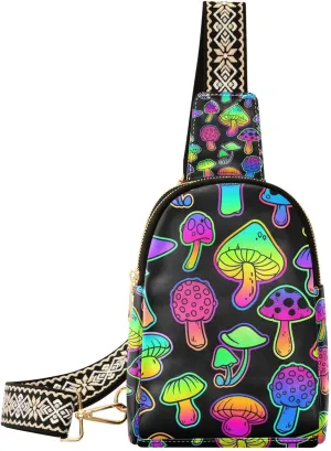 Mushroom Small Sling Bag for Women,Leather Fanny Pack,Crossbody Waist Bag With Adjustable Guitar Strap