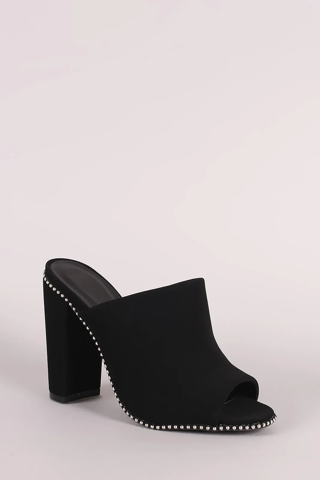 Qupid Nubuck Peep Toe Beaded Trim Chunky Heeled Mules