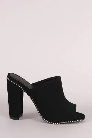 Qupid Nubuck Peep Toe Beaded Trim Chunky Heeled Mules