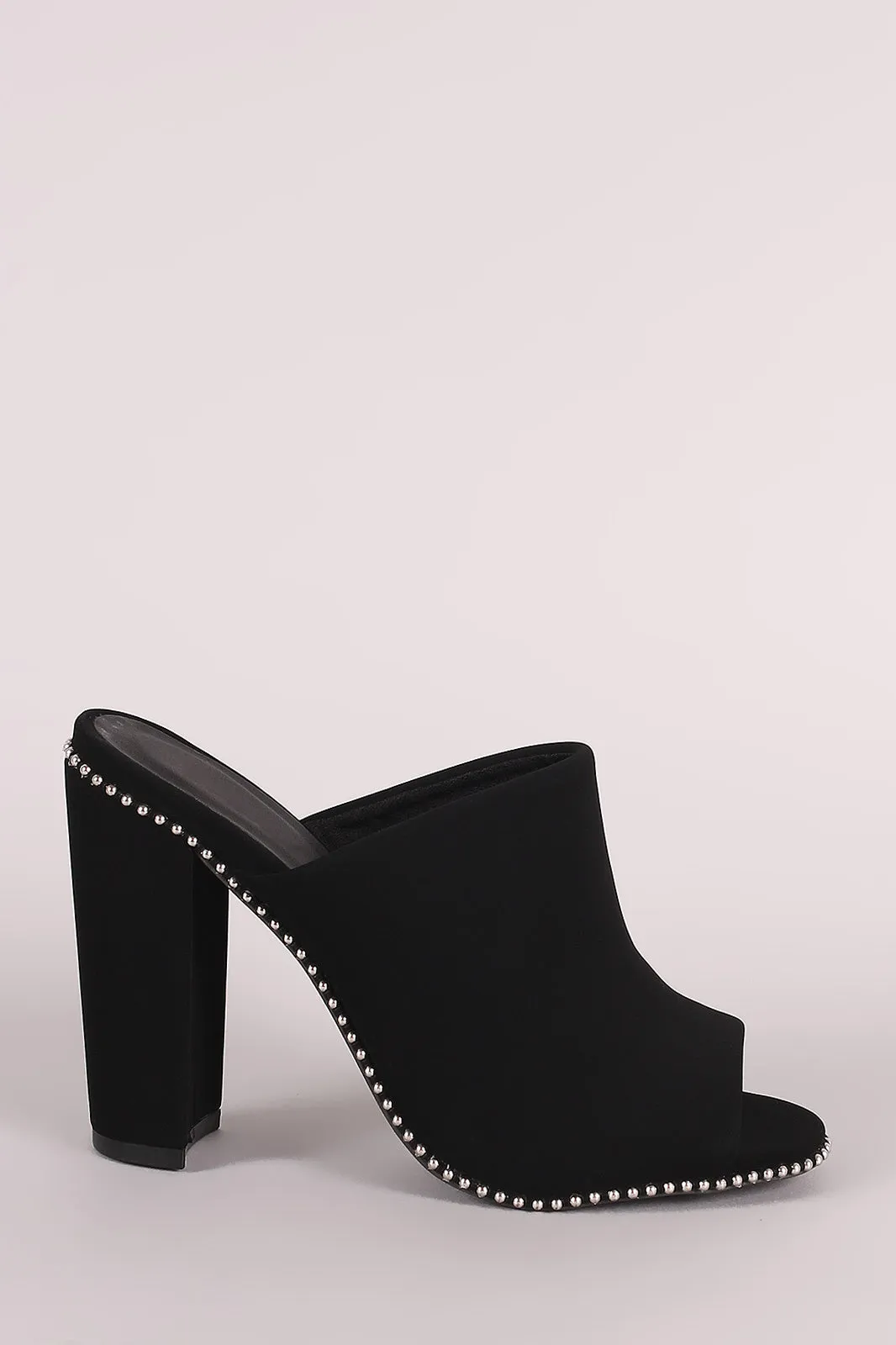 Qupid Nubuck Peep Toe Beaded Trim Chunky Heeled Mules