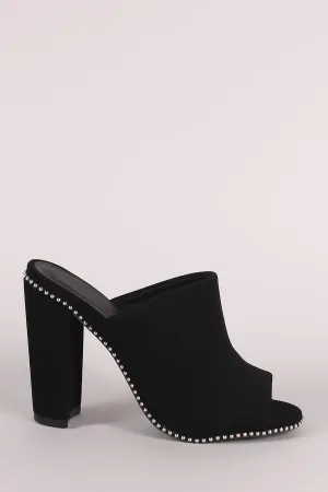 Qupid Nubuck Peep Toe Beaded Trim Chunky Heeled Mules