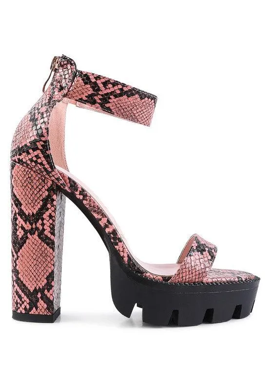 Rattle Snake Print High Heeled Block Sandal