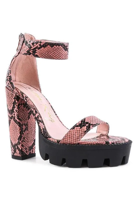 Rattle Snake Print High Heeled Block Sandal