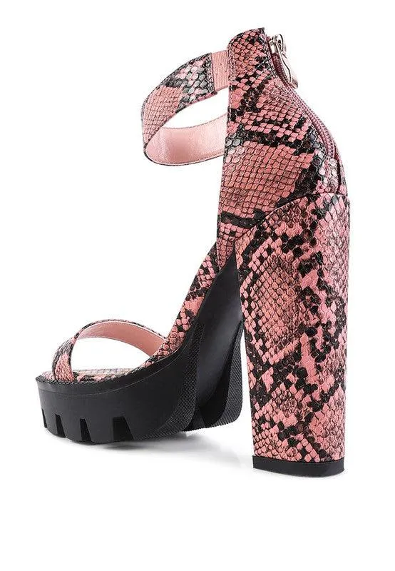 Rattle Snake Print High Heeled Block Sandal