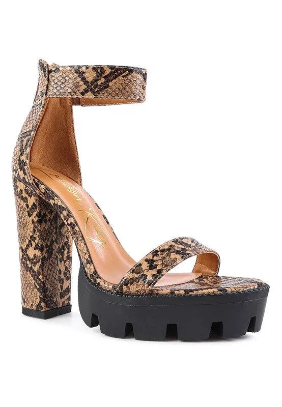 Rattle Snake Print High Heeled Block Sandal