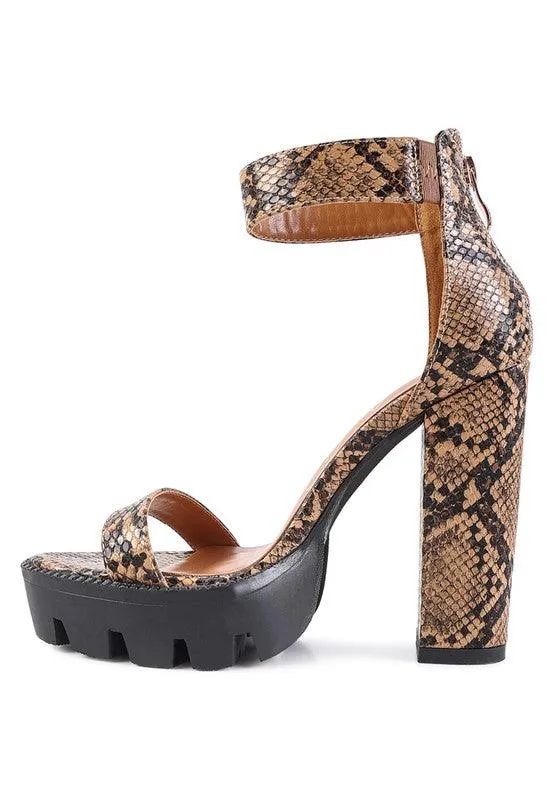 Rattle Snake Print High Heeled Block Sandal