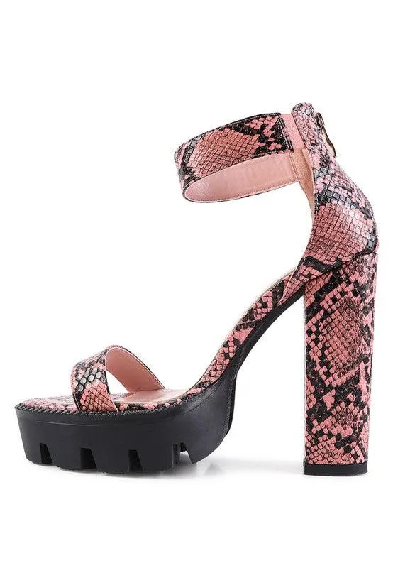 Rattle Snake Print High Heeled Block Sandal