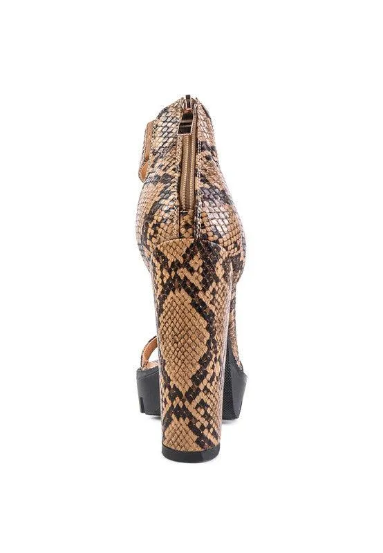Rattle Snake Print High Heeled Block Sandal