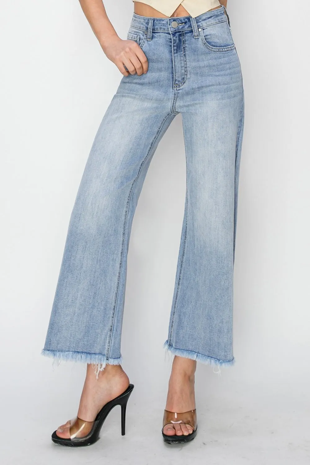 RISEN High Rise Crop | Wide Fray Hem Jeans | Rubies   Lace