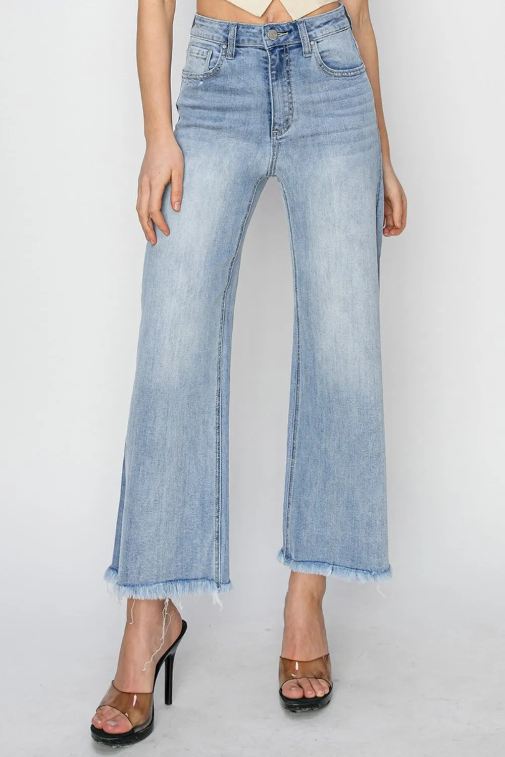 RISEN High Rise Crop | Wide Fray Hem Jeans | Rubies   Lace