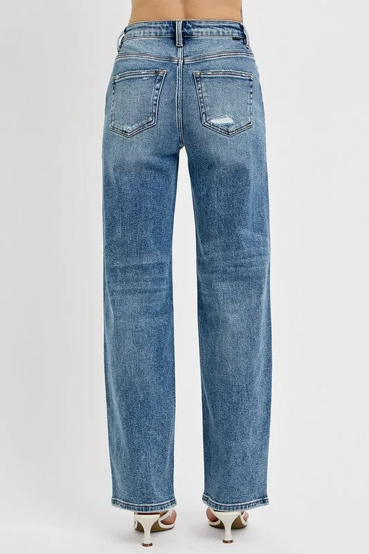 RISEN Medium Washed Distressed Wide Leg Jeans Plus Size