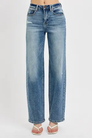 RISEN Medium Washed Distressed Wide Leg Jeans Plus Size